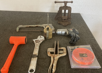 VINTAGE OIL CAN, LARGE WRENCH, ELECTRIC DRILL AND MORE; PLEASE INSPECT