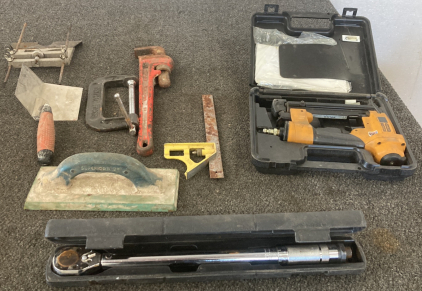 SET OF TOOLS, NAIL GUN, PIPE WRENCH, 5” C CLAMPS, AND MORE - PLEASE INSPECT