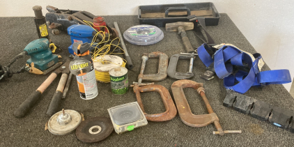 4 C CLAMPS, ROLLING JACK WITH ARM, SAFETY HARNESS, ELECTRIC SANDERS, AND MORE; PLEASE INSPECT