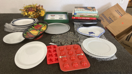 PLATES, BOWLS, COOKBOOKS, DECOR, AND MORE; PLEASE INSPECT