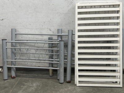 2 TWIN METAL BED FRAMES (MISSING CAPS AND FOOT COVERS, SOME RUST) & CRIB MATRESS SPRING BASE AND LONG SIDE PIECES (MISSING LEGS AND SHORT ENDS) PLEASE INSPECT