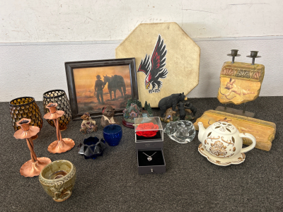 VARIETY OF HOME DECOR: NATIVE AMERICAN HAND DRUM, WESTERN PORTRAIT, VOTIVE CANDLE HOLDERS, BEAR FIGURINES AND “BEST WISHES” SILVER PLATED HEART NECKLACE THAT READS “I LOVE YOU” IN MULTIPLE LANGUAGES IN THE CENTER STONE; PLEASE INSPECT