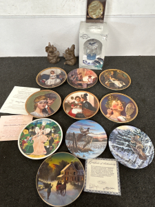 NORMAN ROCKWELL COLLECTIBLE PLATES, WINTER THEMED PLATE, ELEPHANT FIGURINES, UNIQUE COASTERS AND DOLPHIN ANNIVERSARY CLOCK; PLEASE INSPECT