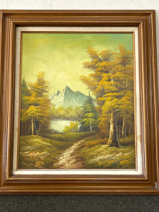 BEAUTIFUL PAINTING OF MOUNTAINS, TREES AND LAKE IN A WOOD FRAME; PLEASE INSPECT