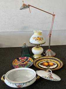 VINTAGE GLASS LAMP, ADJUSTABLE DESK LAMP (UNABLE TO TEST), 2 DECORATIVE PLATES, FLORAL SERVING DISH AND A TRANSLUCENT BLUE BOTTLE; PLEASE INSPECT