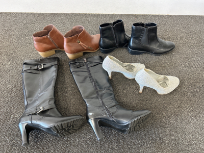 WOMEN&rsquo;S BOOTS (SIZE 6), BLACK BOOTIES (SIZE 8.5), BROWN BOOTIES (SIZE 9) AND SPARKLY HEELS (SIZE 5.5) ALL IN GOOD CONDITION! PLEASE INSPECT
