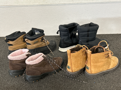 GENTLY USED WOMENS WINTER BOOTS: COLEMAN (SIZE 9), TIME & TRUE (SIZE 8), LAKE & TRAIL (SIZE 8), AND G.H. BASS CO. (SIZE 6.5) PLEASE INSPECT