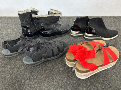 WOMEN&rsquo;S GENTLY USED TOTES WINTER BOOTS (SIZE 10), STEVE MADDEN SLIP-ON (SIZE 8), KHOMBU WANTER SANDALS (9) AND TIME & TRU DRESS SANDALS (SIZE 10). PLEASE INSPECT