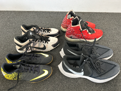 GENTLY USED BOYS AND MEN&rsquo;S NIKE SHOES/CLEATS: YELLOW/BLACK WRESTLING SHOES (6Y), CLEATS (SIZE 12), RED LEBRON&rsquo;S (SIZE 8.5) AND BLACK/GRAY (SIZE 13) PLEASE INSPECT