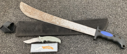 MACHETE WITH SHEATH AND MAXAM LINER LOCK KNIFE