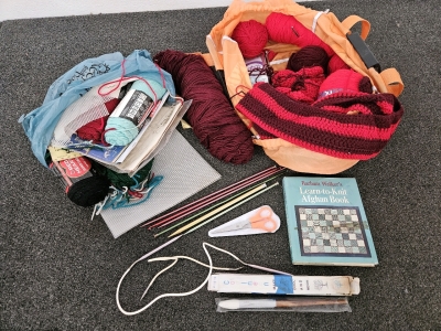 KNITTING, PLASTIC CANVAS, NEW PAINT BRUSHES; PLEASE INSPECT