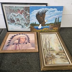 FRAMED & UNFRAMED PAINTINGS, PUZZLE, & PRINT, 23x19, 24x20, 31x21, 17x29; PLEASE INSPECT