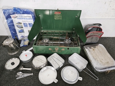 CAMP STOVE & COOKWARE, NEW 8X10 TARP; PLEASE INSPECT