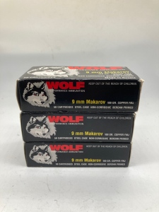 (3) Boxes Of Wolf 9mm Makarov 100 Gr