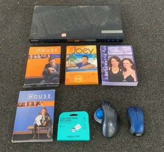 SONY BLU -RAY DISC/DVD PLAYER, LOGITECH USB UNIFYING RECEIVER AND LOGITECH COMPUTER MOUSE M310 W/ LOGITECH MOUSE M570 AND THE COMPLETE SIXTH SEASON OF GILMORE GIRLS ON DVD, THE COMPLETE FIRST SEASON OF JOEY AND SEASON 1 & 2 OF HOUSE M.D