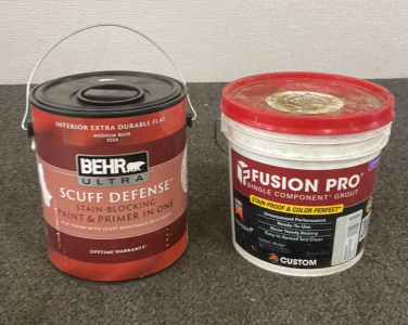 NEW CAN OF GREEN PAINT AND NEW BUCKET OF GROUT