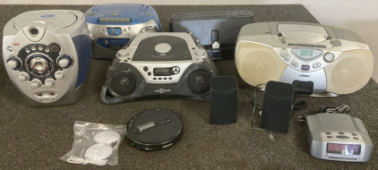 3 RADIOS, 2 SETS OF SMALL SPEAKERS, ALARM CLOCK, AND KARAOKE MACHINE