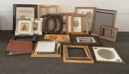 METAL AND WOOD PICTURE FRAMES W/ PHOTO ALBUM FILLED WITH HISTORIC NEWS CLIPPINGS AND MORE