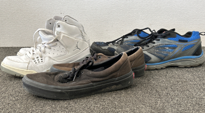 NIKE JORDAN'S HIGH TOPS (MEN'S 10), VANS SKATE SHOES (MEN'S 10) AND DICKIES WORK ATHLETIC SHOES WITH STEEL TOE PROTECTION (MEN'S 9.5)