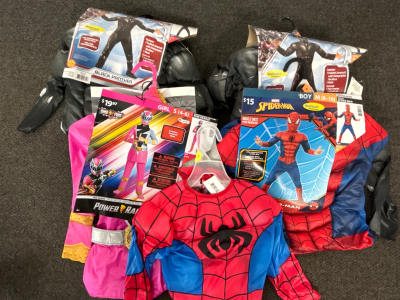 KIDS HALLOWEEN COSTUMES! GIRLS POWER RANGERS DINO FURY PINK RANGER (SMALL), BOYS BLACK PANTHER (SMAL AND MEDIUM), AND SPIDER-MAN (SIZE 3T AND MEDIUM)