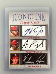 ICONIC INK TRIPLE CUTS AUTOGRAPHED CARD: MIKE TROUT, ALBERT PUJOLS, NOLAN RYAN