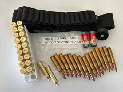 ALLEN AMMO BELT, (20) WIN MAG .264 BRASS CASINGS, DAISY TINY BB&rsquo;S, HKS MK3-A SPEEDLOADER (FITS COLT 38/357 REVOLVER), AND (15) ROUNDS OF REMINGTON 30-06 SPRINGFIELD