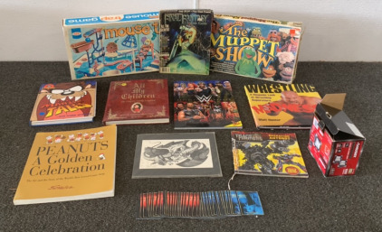 VINTAGE FINAL FANTASY ULTIMATE GUIDE BOOK, ARTWORK, MOUSE TRAP GAME, THE MUPPET SHOW GAME WRESTLING BOOKS, COLLECTIBLE YOUNG JEDI CARDS AND MORE