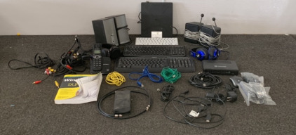 MOTOROLA CORDLESS TELEPHONE, AV CORDS, CENTURY LINK ROUTER, COMPUTER SPEAKERS, CENTURY STEREO HEADPHONES, (2) LOGITECH KEYBOARDS, APPLE KEYBOARD WITH CLIP HOLDER AND MORE