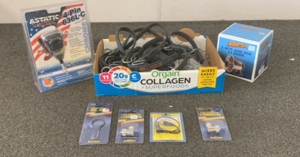 KYNEDYNE HEAVY DUTY RUBBER CLAMPING STRAPS WITH 2 HOOKS, DIESEL ELECTRONICS 8 WATTS WATER PROOF P-A SPEAKER, ASTATIC 4-PIN 636L-C DX-1 CHROME EXITION RADIO MIC, EXTERNAL ANTENNA ADAPTER, (2) PL259 STANDARD L-CONNECTORS, AND A UNIVERSAL METAL C.B MIC. HOOK