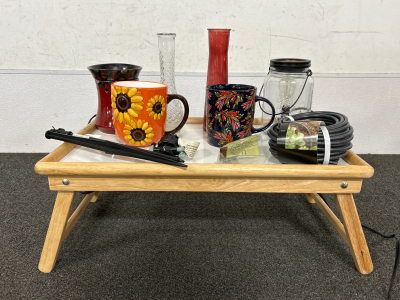 2 WAX WARMERS (1 DOESN’T HAVE A BULB TO TEST, OTHER HAS BULB AND WORKS), 2 LARGE CERAMIC MUGS, 2 SKINNY VASES, LAP TABLE, 1/4” x 50’ DISTRIBUTION HOSE, TUBING LOOP STAKES, ADJUSTABLE FLOW QUAD MANIFOLD AND 180 DEGREE ADJUSTABLE SPRAY JET ON A CLIP STAKE.