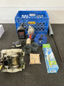DIAPHRAGM PUMP, SINK DRAIN AUGER, HYDROCLEAN ANTI-SIPHON TOILET TANK, UNUSED FUEL FILTER MODEL PF3169/PF679, UNUSED QUART OF 5W-30 MOTOR OIL, BALANCER MODEL BD-05, 4 GREASE GUNS, EMPTY OIL DRAIN CONTAINER AND (2) 4FT LONG LEVELS