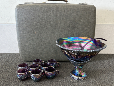 VINTAGE CARNIVAL GLASS PUNCH BOWL WITH GLASSES (LADLE IS PLASTIC) AND VINTAGE AMERICAN TOURISTER SUITCASE