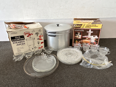 OSTER POWER PUREE'N RICER ACCESSORY, OLD COUNTRY STEAMER JUICER, DECORATIVE GLASSWARE, AND MORE