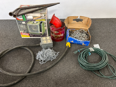 PRIMUS UNI-FLOW PROPANE FLAMELESS HEATER (UNABLE TO TEST), OUTLET BOX WITH POWER CORD (WORKS), OUTDOOR EXTENSION CORD (WORKS), TIRE CHAINS, CHAIN LINK, 2 TIRE IRONS AND PRY BAR
