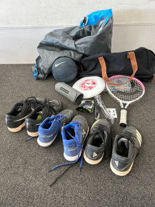 INFLATABLE RAFT (UNABLE TO TEST), KIDS TENNIS RACKET WITH BAG, SMALL NIKE BASKETBALL, GOLDS GYM ELASTIC BACK BELT, FRISBEE AND 3 PAIRS OF CLEATS (4.5Y, 5.5 & 10)