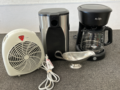 WINE DISPENSER (LOOKS NEW), MR. COFFEE 12 CUP COFFEEMAKER (LOOKS NEW & TURNS ON), SMALL UNDER DESK HEATER (WORKS) AND SILVER PLATED GRAVY DISH