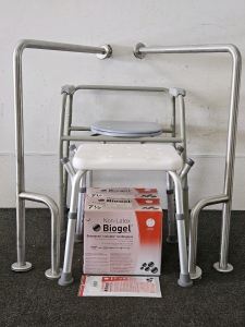 COMMODE SEAT, SHOWER STOOL, SUPPORT BARS, 7-1/2 NON-LATEX UNDERGLOVES