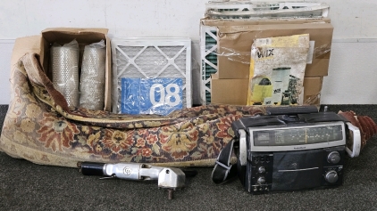 PNEUMATIC ANGLE POLISHER (UNTESTED), SHOP RADIO (UNTESTED), SHOP RUG, FILTERS