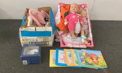 REEBOK CLASSIC BABY SHOES, (5) MUPPET BABY BOOKS, STRAWBERRY SHORTCAKE BOOK, BABY DOLLS, HAPPY KIDS 3/6MOS PUMPKIN COSTUME, BABY BLANKETS, BIBS, ACCESSORIES AND MORE