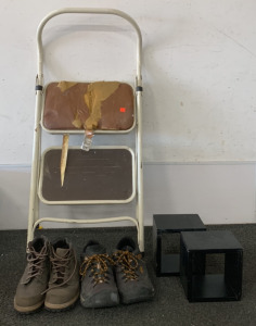 STEP STOOL, SQUARE FLOATING SHELVES, STONE CANYON SHOES (BOYS 5M), AND KEEN SHOES (MENS 11.5)