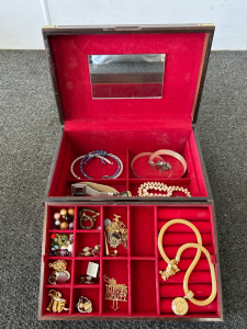 WOODEN BOX WITH COSTUME JEWELRY