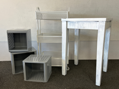 METAL STACKABLE CUBBIES, ROLLING 3-TIER CART, AND SMALL TABLE