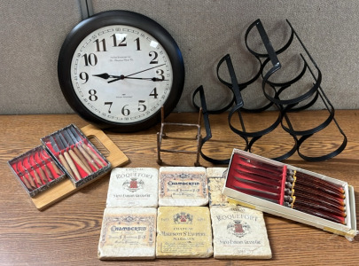 VINTAGE MARBLE COASTERS W/ WINE LABELS, METAL WINE BOTTLE HOLDER, REGENT SHEFFIELD STEAK KNIFE SET, AND MORE; PLEASE INSPECT