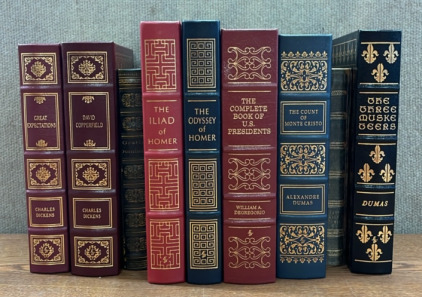 LEATHER COVERED BOOKS W/ GOLD COLORED PAGES BY CHARLES DICKENS, HOMER AND MORE; PLEASE INSPECT