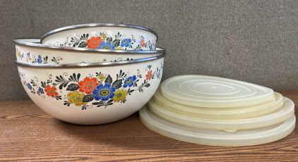 VINTAGE KOBE KITCHEN JAPAN FLORAL ENAMEL METAL MIXING BOWLS W/ LIDS; PLEASE INSPECT