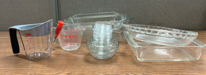 PYREX BAKING SET W/ GLASS BAKING DISHES, MEASURING CUPS AND MORE; PLEASE INSPECT