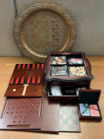 MUTI WOODEN BOARD GAME SET, DECK OF CARDS W/ WOODEN CASE AND METEL CHESSBOARD; PLEASE INSPECT