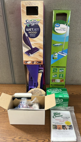 SWIFFER WET JET, SWEEPER WET AND DRY MOP, BIO CLEANER AND MORE; PLEASE INSPECT