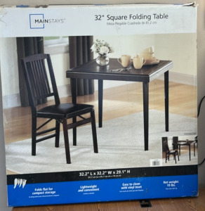 MAINSTAYS 32” SQUARE FOLDING TABLE; PLEASE INSPECT