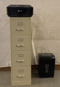 TAN FILE CABINET, CANON MULTIFUNCTION PRINTER (UNABLE TO TEST),AND EMBASSY PAPER SHREDDER; PLEASE INSPECT